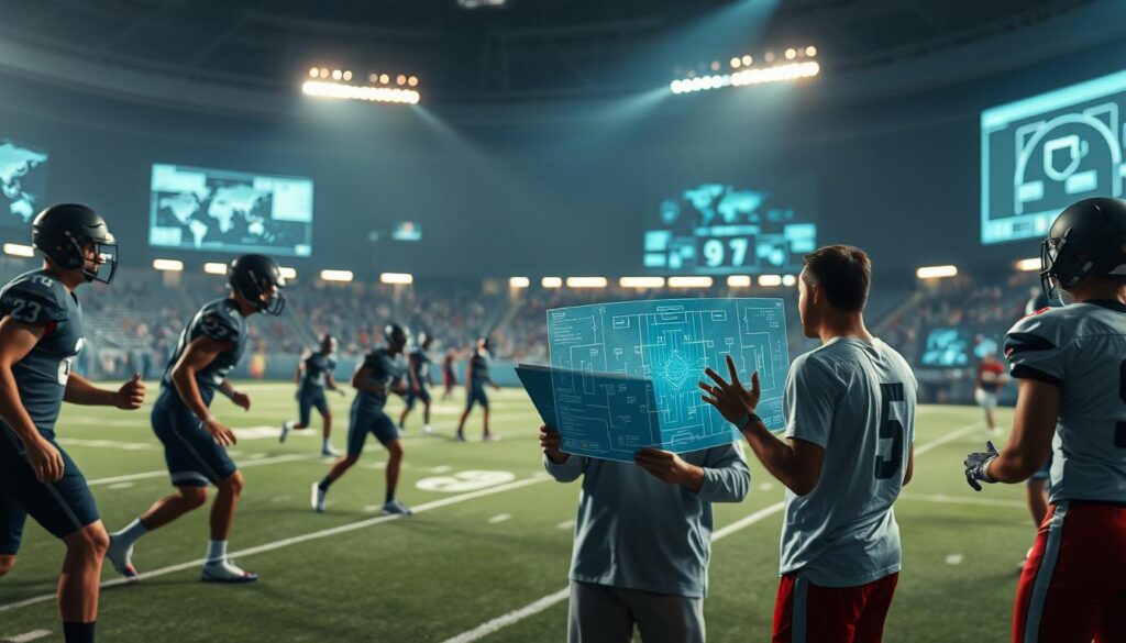 A detailed football field, with players in the foreground engaged in intense drills and exercises, showcasing their physical strengths and weaknesses. In the middle ground, a coach or analyst examines a holographic playbook, meticulously dissecting game strategies and player tendencies. The background features a dimly lit stadium, with scattered notes, charts, and analytics data projected onto the walls, creating an atmosphere of strategic planning and tactical analysis. The lighting is a mix of warm tones from the field and cool, blue hues from the digital displays, emphasizing the contrast between physical performance and intellectual evaluation. The camera angle is slightly elevated, providing a comprehensive view of the scene and highlighting the interconnected nature of player development and game planning. A detailed football field, with players in the foreground engaged in intense drills and exercises, showcasing their physical strengths and weaknesses. In the middle ground, a coach or analyst examines a holographic playbook, meticulously dissecting game strategies and player tendencies. The background features a dimly lit stadium, with scattered notes, charts, and analytics data projected onto the walls, creating an atmosphere of strategic planning and tactical analysis. The lighting is a mix of warm tones from the field and cool, blue hues from the digital displays, emphasizing the contrast between physical performance and intellectual evaluation. The camera angle is slightly elevated, providing a comprehensive view of the scene and highlighting the interconnected nature of player development and game planning.