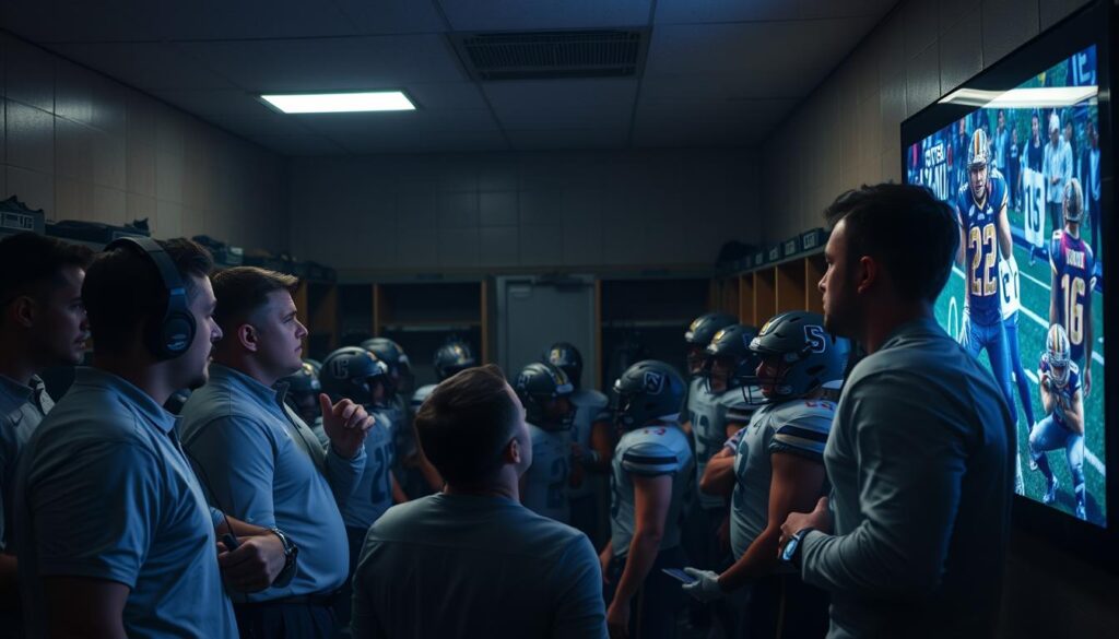 A dimly lit locker room with players gathered around a large screen, intensely studying game film. Coaches stand in the foreground, gesturing and pointing, their faces illuminated by the soft glow of the display. The players, dressed in their uniforms, lean forward, brows furrowed in concentration, absorbing every detail. The walls are lined with equipment and lockers, creating a sense of intensity and purpose. The lighting is warm and focused, creating a sense of collaboration and strategic planning. A high-angle shot captures the scene, emphasizing the sense of teamwork and commitment to game preparation. A dimly lit locker room with players gathered around a large screen, intensely studying game film. Coaches stand in the foreground, gesturing and pointing, their faces illuminated by the soft glow of the display. The players, dressed in their uniforms, lean forward, brows furrowed in concentration, absorbing every detail. The walls are lined with equipment and lockers, creating a sense of intensity and purpose. The lighting is warm and focused, creating a sense of collaboration and strategic planning. A high-angle shot captures the scene, emphasizing the sense of teamwork and commitment to game preparation.