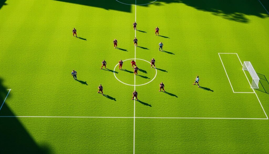 A meticulously organized soccer defensive formation on a lush green pitch, with players in their respective positions marked by clear zones. Crisp, natural lighting illuminates the scene, revealing the intricate positioning and communication between defenders, midfielders, and the goalkeeper. The camera angle is slightly elevated, offering a comprehensive view of the tactical setup, emphasizing the importance of collective responsibility and strategic discipline. Subtle details, such as the players' anticipation and readiness, convey the intensity of the moment, underscoring the significance of set-piece defensive organization in the game. A meticulously organized soccer defensive formation on a lush green pitch, with players in their respective positions marked by clear zones. Crisp, natural lighting illuminates the scene, revealing the intricate positioning and communication between defenders, midfielders, and the goalkeeper. The camera angle is slightly elevated, offering a comprehensive view of the tactical setup, emphasizing the importance of collective responsibility and strategic discipline. Subtle details, such as the players' anticipation and readiness, convey the intensity of the moment, underscoring the significance of set-piece defensive organization in the game.