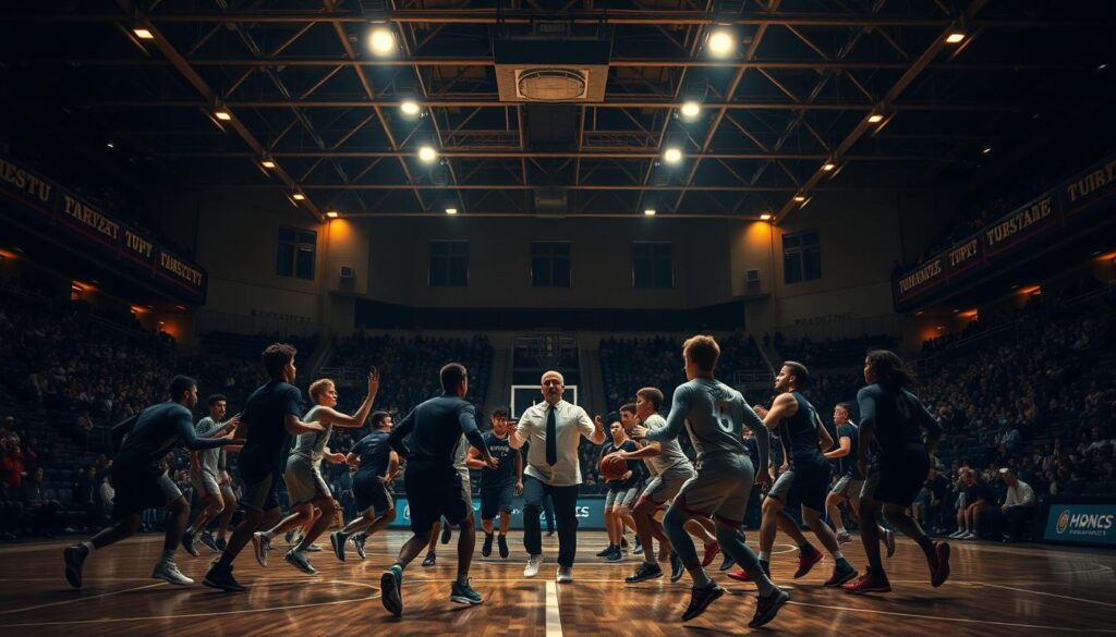 A vast indoor sports arena, dimly lit with warm, focused spotlights. In the foreground, a group of basketball players intensely running through drills, their movements sharp and purposeful, mirroring the high-stakes action of a tournament game. The middle ground features a coach gesturing emphatically, guiding the players through tactical scenarios. In the background, the shadowy silhouettes of spectators lend an air of anticipation and competition. The scene exudes a sense of focused determination, as the players hone their skills for the upcoming tournament. A vast indoor sports arena, dimly lit with warm, focused spotlights. In the foreground, a group of basketball players intensely running through drills, their movements sharp and purposeful, mirroring the high-stakes action of a tournament game. The middle ground features a coach gesturing emphatically, guiding the players through tactical scenarios. In the background, the shadowy silhouettes of spectators lend an air of anticipation and competition. The scene exudes a sense of focused determination, as the players hone their skills for the upcoming tournament.