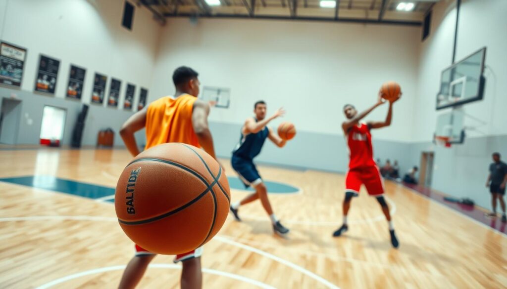 High-angle shot of a basketball court with three players practicing drills. Bright, even lighting illuminates the scene, with a clean, professional-grade basketball in the foreground. The players, clad in colorful jerseys, demonstrate dribbling, passing, and shooting techniques, their movements crisp and focused. In the background, glimpses of training equipment and a few spectators can be seen, creating a sense of an active, dynamic training environment. The overall atmosphere conveys a sense of skill development, competitiveness, and the preparation required for tournament-level basketball. High-angle shot of a basketball court with three players practicing drills. Bright, even lighting illuminates the scene, with a clean, professional-grade basketball in the foreground. The players, clad in colorful jerseys, demonstrate dribbling, passing, and shooting techniques, their movements crisp and focused. In the background, glimpses of training equipment and a few spectators can be seen, creating a sense of an active, dynamic training environment. The overall atmosphere conveys a sense of skill development, competitiveness, and the preparation required for tournament-level basketball.