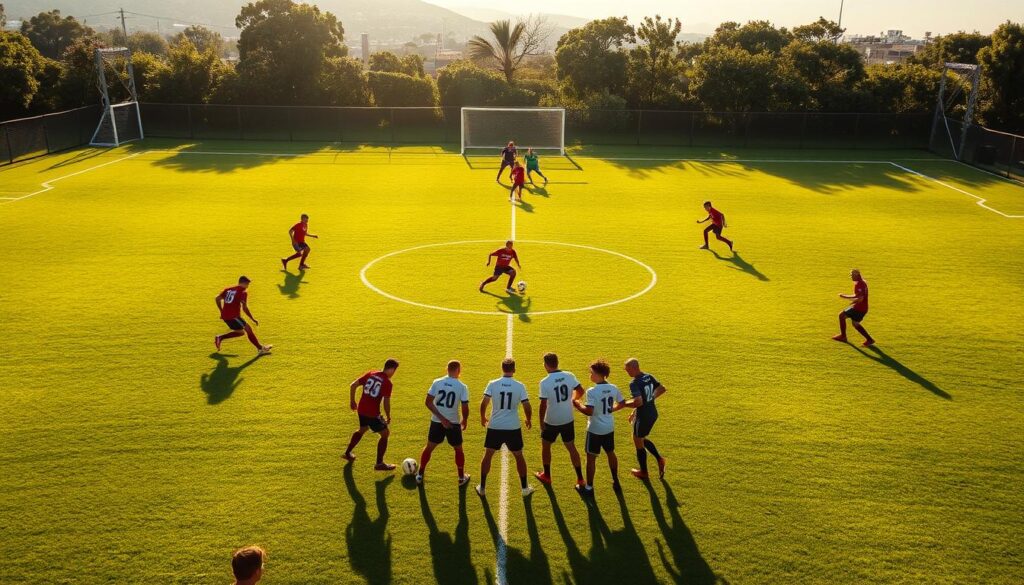 Optimized free kick routines, meticulously choreographed on a lush, verdant football pitch. Players positioned with laser-like precision, their movements a symphony of calculated steps and timed runs. Afternoon sunlight casts warm shadows, the ball glinting as it arcs through the air, guided by the skilled touch of a midfielder. In the foreground, the attacking team clusters, poised to pounce on the slightest opening. Defenders form a rigid wall, their focus unwavering. The atmosphere crackles with anticipation, a moment of tension before the decisive strike that could turn the tide of the match. Optimized free kick routines, meticulously choreographed on a lush, verdant football pitch. Players positioned with laser-like precision, their movements a symphony of calculated steps and timed runs. Afternoon sunlight casts warm shadows, the ball glinting as it arcs through the air, guided by the skilled touch of a midfielder. In the foreground, the attacking team clusters, poised to pounce on the slightest opening. Defenders form a rigid wall, their focus unwavering. The atmosphere crackles with anticipation, a moment of tension before the decisive strike that could turn the tide of the match.