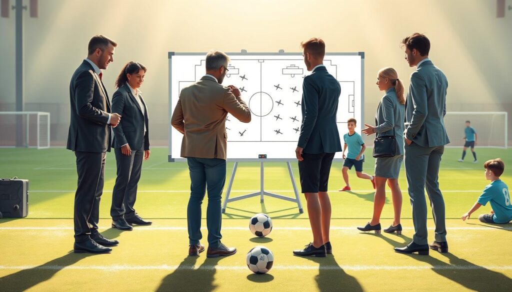 A comparative illustration visualizing "Coaching Basics Fundamentals versus Complex Plays." In the foreground, depict a diverse group of youth coaches in professional business attire, actively engaged in a training session, demonstrating fundamental skills like dribbling and passing a soccer ball. In the middle ground, show a whiteboard filled with complex tactical formations and strategies, backlit by soft natural lighting that creates a warm atmosphere. The background should feature a vibrant sports field, with young players practicing techniques in a dynamic scene. Focus on a balanced composition that conveys the importance of both fundamentals and advanced strategies, instilling a sense of teamwork, growth, and mentorship in youth sports. Use a slightly elevated perspective to capture the breadth of interaction. A comparative illustration visualizing "Coaching Basics Fundamentals versus Complex Plays." In the foreground, depict a diverse group of youth coaches in professional business attire, actively engaged in a training session, demonstrating fundamental skills like dribbling and passing a soccer ball. In the middle ground, show a whiteboard filled with complex tactical formations and strategies, backlit by soft natural lighting that creates a warm atmosphere. The background should feature a vibrant sports field, with young players practicing techniques in a dynamic scene. Focus on a balanced composition that conveys the importance of both fundamentals and advanced strategies, instilling a sense of teamwork, growth, and mentorship in youth sports. Use a slightly elevated perspective to capture the breadth of interaction.