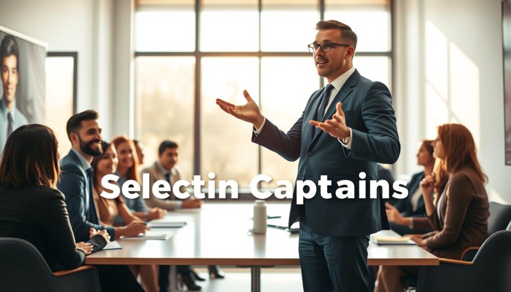 A determined leader stands at the forefront of a vibrant team meeting, exuding confidence and charisma. In the foreground, a professional person in smart business attire gestures passionately, engaging their audience. The middle ground showcases diverse group members, attentively listening and taking notes, symbolizing unity and collaboration. In the background, a large window reveals a bright, sunny day, representing optimism and new opportunities. Soft, natural lighting bathes the room in a warm glow, while the angle is slightly elevated, providing a dynamic perspective that emphasizes the leader's role. The overall mood is inspiring and focused, capturing the essence of selecting captains who will guide and influence others effectively. A determined leader stands at the forefront of a vibrant team meeting, exuding confidence and charisma. In the foreground, a professional person in smart business attire gestures passionately, engaging their audience. The middle ground showcases diverse group members, attentively listening and taking notes, symbolizing unity and collaboration. In the background, a large window reveals a bright, sunny day, representing optimism and new opportunities. Soft, natural lighting bathes the room in a warm glow, while the angle is slightly elevated, providing a dynamic perspective that emphasizes the leader's role. The overall mood is inspiring and focused, capturing the essence of selecting captains who will guide and influence others effectively.