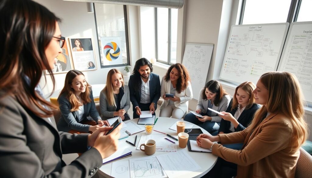 A diverse group of young professionals engaged in a collaborative discussion in a modern office environment. In the foreground, two individuals, one with dark hair and another with blonde hair, are animatedly exchanging ideas, both dressed in smart business attire. In the middle, a round table cluttered with notebooks, digital devices, and coffee cups reveals active brainstorming. Behind them, large windows allow natural light to flood the room, casting soft shadows. On the walls, inspiring artwork and a whiteboard filled with colorful mind maps reflect a creative atmosphere. The overall mood is vibrant, optimistic, and supportive, emphasizing the power of peer influence in building a positive and collaborative culture. The camera angle captures the scene from slightly above, inviting the viewer into the dynamic interaction. A diverse group of young professionals engaged in a collaborative discussion in a modern office environment. In the foreground, two individuals, one with dark hair and another with blonde hair, are animatedly exchanging ideas, both dressed in smart business attire. In the middle, a round table cluttered with notebooks, digital devices, and coffee cups reveals active brainstorming. Behind them, large windows allow natural light to flood the room, casting soft shadows. On the walls, inspiring artwork and a whiteboard filled with colorful mind maps reflect a creative atmosphere. The overall mood is vibrant, optimistic, and supportive, emphasizing the power of peer influence in building a positive and collaborative culture. The camera angle captures the scene from slightly above, inviting the viewer into the dynamic interaction.