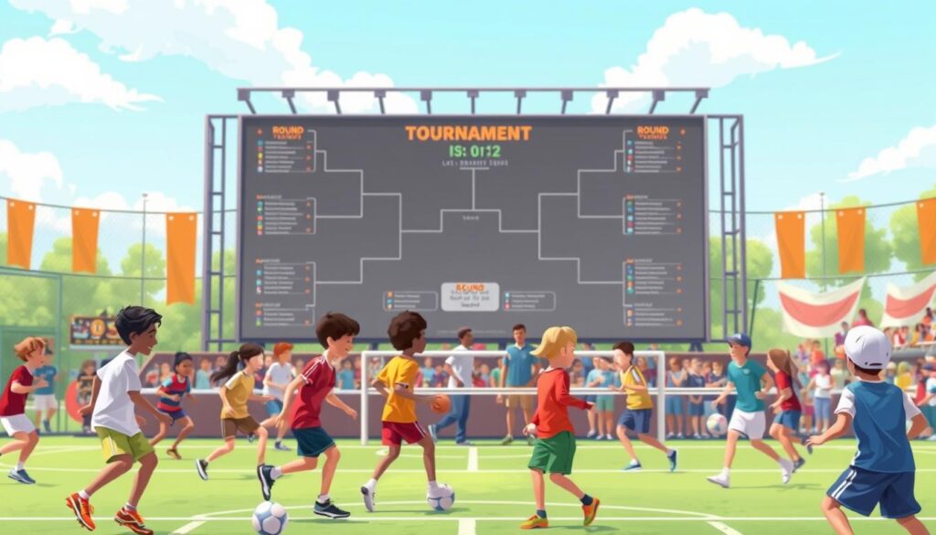 A dynamic and engaging illustration of a youth sports tournament structure, showcasing a diverse group of young athletes competing in various fields like soccer, basketball, and tennis. In the foreground, depict enthusiastic players in modest athletic gear, actively participating in matches. The middle ground should feature well-organized tournament brackets on a large digital screen displaying the round matchups, with coaches and officials discussing strategies. In the background, a vibrant outdoor setting with cheering spectators and banners creates an energetic atmosphere. The lighting is bright and cheerful, suggesting a sunny day, captured with a slight tilt-angle to enhance the excitement of the event. The overall mood conveys camaraderie, competition, and fairness in youth sports. A dynamic and engaging illustration of a youth sports tournament structure, showcasing a diverse group of young athletes competing in various fields like soccer, basketball, and tennis. In the foreground, depict enthusiastic players in modest athletic gear, actively participating in matches. The middle ground should feature well-organized tournament brackets on a large digital screen displaying the round matchups, with coaches and officials discussing strategies. In the background, a vibrant outdoor setting with cheering spectators and banners creates an energetic atmosphere. The lighting is bright and cheerful, suggesting a sunny day, captured with a slight tilt-angle to enhance the excitement of the event. The overall mood conveys camaraderie, competition, and fairness in youth sports.