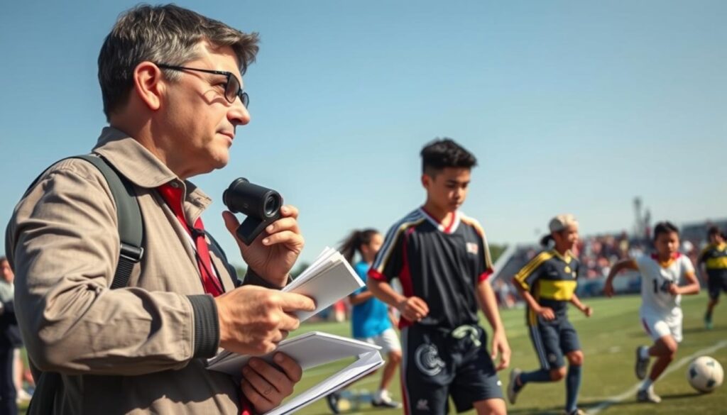 A dynamic scene depicting a youth sports scout observing key players during a game. In the foreground, a focused scout using binoculars and a notepad, dressed in a professional outfit, with a thoughtful expression. In the middle ground, youthful athletes of diverse backgrounds compete energetically on the field, showcasing their skills with the ball. The background features a small crowd of parents and coaches, emphasizing the tournament atmosphere, under a clear blue sky. Utilize natural lighting to illuminate the scene, with a shallow depth of field to reflect the scout’s concentration on the action. Capture a sense of anticipation and excitement, evoking the crucial moments of scouting talent in youth sports. A dynamic scene depicting a youth sports scout observing key players during a game. In the foreground, a focused scout using binoculars and a notepad, dressed in a professional outfit, with a thoughtful expression. In the middle ground, youthful athletes of diverse backgrounds compete energetically on the field, showcasing their skills with the ball. The background features a small crowd of parents and coaches, emphasizing the tournament atmosphere, under a clear blue sky. Utilize natural lighting to illuminate the scene, with a shallow depth of field to reflect the scout’s concentration on the action. Capture a sense of anticipation and excitement, evoking the crucial moments of scouting talent in youth sports.