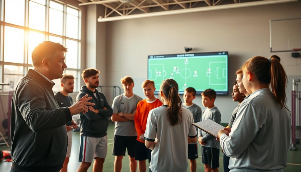 A tactical sports meeting in a well-lit indoor training facility, showing a group of diverse youth coaches and players gathered around a digital board displaying strategic plays. In the foreground, a focused coach in professional attire gestures towards the screen, pointing out key adjustments. The middle layer features intrigued young athletes, dressed in modest sports attire, taking notes and discussing amongst themselves. The background includes a large window that allows warm sunlight to illuminate the scene, with training equipment neatly arranged along the walls. The atmosphere is one of intense concentration and collaboration, highlighting the importance of adapting strategies in youth tournaments, captured from a slight angle to emphasize engagement and teamwork. A tactical sports meeting in a well-lit indoor training facility, showing a group of diverse youth coaches and players gathered around a digital board displaying strategic plays. In the foreground, a focused coach in professional attire gestures towards the screen, pointing out key adjustments. The middle layer features intrigued young athletes, dressed in modest sports attire, taking notes and discussing amongst themselves. The background includes a large window that allows warm sunlight to illuminate the scene, with training equipment neatly arranged along the walls. The atmosphere is one of intense concentration and collaboration, highlighting the importance of adapting strategies in youth tournaments, captured from a slight angle to emphasize engagement and teamwork.