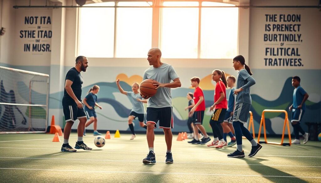 A vibrant and dynamic player development motivation ecosystem, showcasing a diverse group of youth athletes engaged in various training activities in a sports facility. In the foreground, a basketball coach in professional attire inspires a young player, who is practicing a dribble. The middle ground features a soccer team participating in a collaborative drill, highlighting teamwork and motivation. In the background, a mural depicting motivational quotes enhances the atmosphere, alongside training equipment like cones and hurdles. Soft, natural lighting streams in through large windows, creating an uplifting ambiance. The scene captures the spirit of growth, determination, and camaraderie, illustrating the importance of motivation in youth sports coaching. The overall mood is energetic and encouraging, set in a well-organized, inviting sports environment. A vibrant and dynamic player development motivation ecosystem, showcasing a diverse group of youth athletes engaged in various training activities in a sports facility. In the foreground, a basketball coach in professional attire inspires a young player, who is practicing a dribble. The middle ground features a soccer team participating in a collaborative drill, highlighting teamwork and motivation. In the background, a mural depicting motivational quotes enhances the atmosphere, alongside training equipment like cones and hurdles. Soft, natural lighting streams in through large windows, creating an uplifting ambiance. The scene captures the spirit of growth, determination, and camaraderie, illustrating the importance of motivation in youth sports coaching. The overall mood is energetic and encouraging, set in a well-organized, inviting sports environment.