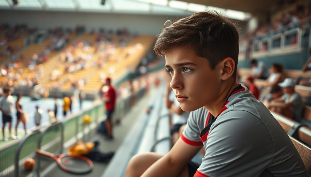 A young athlete, around 12 years old, sits on a bench, deep in thought, showcasing the internal struggle of managing tournament pressure. The foreground features the athlete in a fitted sports uniform, looking contemplative yet determined, with beads of sweat on their forehead. In the middle, sports gear like a tennis racket or basketball is scattered around, symbolizing the competitive environment. The background captures a vibrant sports arena bustling with other athletes and spectators, soft focus to emphasize the athlete’s introspection. Bright, natural lighting filters in, casting a warm glow that enhances the athlete's features, creating an atmosphere of focus and resilience. The perspective is slightly angled from above, allowing a view of both the athlete's expression and the surrounding tournament chaos. A young athlete, around 12 years old, sits on a bench, deep in thought, showcasing the internal struggle of managing tournament pressure. The foreground features the athlete in a fitted sports uniform, looking contemplative yet determined, with beads of sweat on their forehead. In the middle, sports gear like a tennis racket or basketball is scattered around, symbolizing the competitive environment. The background captures a vibrant sports arena bustling with other athletes and spectators, soft focus to emphasize the athlete’s introspection. Bright, natural lighting filters in, casting a warm glow that enhances the athlete's features, creating an atmosphere of focus and resilience. The perspective is slightly angled from above, allowing a view of both the athlete's expression and the surrounding tournament chaos.
