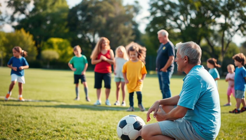 A calm, outdoor youth sports setting, where a diverse group of children, aged 10 to 14, play soccer on a well-maintained, green field. In the foreground, a coach, dressed in casual sports attire, kneels beside a young player, discussing a recent disagreement with a supportive, understanding expression. In the middle, a few attentive parents engage in a respectful dialogue, showcasing open communication and resolution, with an emphasis on positive interactions. The background features trees and a sunny sky, giving a vibrant, uplifting atmosphere. Use warm, natural lighting to enhance the joyful mood, captured with a slightly low angle to emphasize the connection between the coach, players, and parents, ensuring a sense of teamwork and harmony. A calm, outdoor youth sports setting, where a diverse group of children, aged 10 to 14, play soccer on a well-maintained, green field. In the foreground, a coach, dressed in casual sports attire, kneels beside a young player, discussing a recent disagreement with a supportive, understanding expression. In the middle, a few attentive parents engage in a respectful dialogue, showcasing open communication and resolution, with an emphasis on positive interactions. The background features trees and a sunny sky, giving a vibrant, uplifting atmosphere. Use warm, natural lighting to enhance the joyful mood, captured with a slightly low angle to emphasize the connection between the coach, players, and parents, ensuring a sense of teamwork and harmony.
