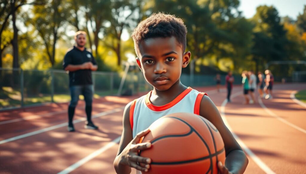 A determined young athlete, wearing a modest sports uniform, stands confidently at the edge of a running track, gripping a basketball with both hands. The foreground captures the intense focus on the athlete’s face, highlighting determination and resilience. In the middle ground, a coach offers encouraging words, exuding support and positivity, while other kids can be seen practicing in the background. The scene is bathed in warm afternoon sunlight, casting soft shadows and activating a hopeful atmosphere. The camera angle captures a low perspective, emphasizing the athlete's readiness and spirit. The overall mood is one of perseverance, growth, and the strength gained through overcoming challenges. A determined young athlete, wearing a modest sports uniform, stands confidently at the edge of a running track, gripping a basketball with both hands. The foreground captures the intense focus on the athlete’s face, highlighting determination and resilience. In the middle ground, a coach offers encouraging words, exuding support and positivity, while other kids can be seen practicing in the background. The scene is bathed in warm afternoon sunlight, casting soft shadows and activating a hopeful atmosphere. The camera angle captures a low perspective, emphasizing the athlete's readiness and spirit. The overall mood is one of perseverance, growth, and the strength gained through overcoming challenges.