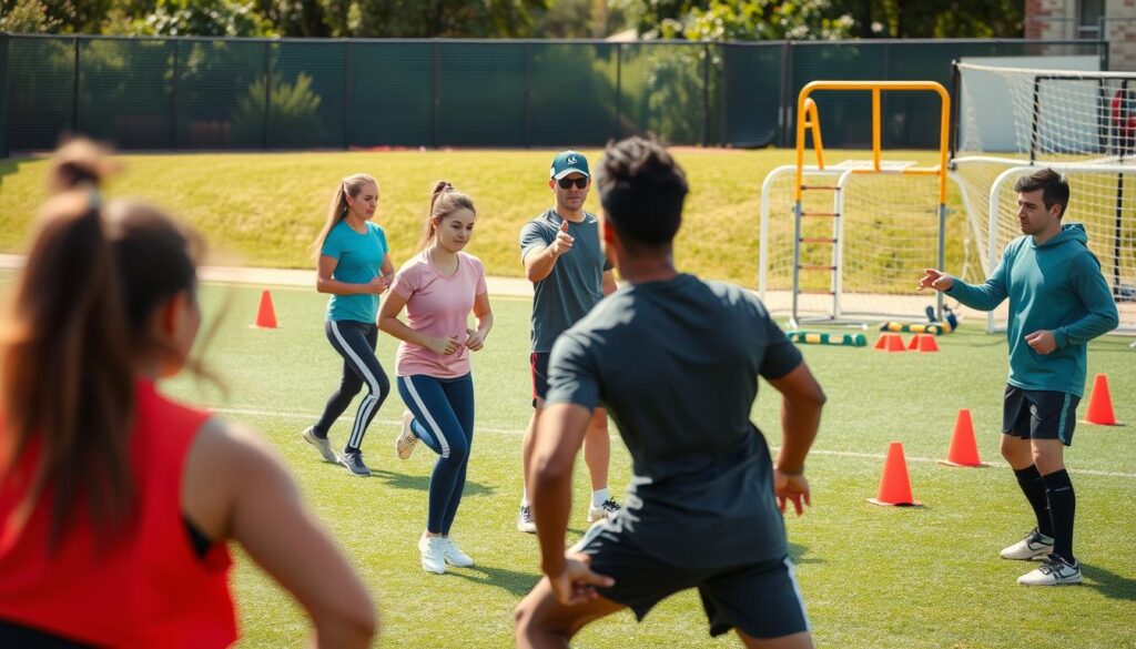 A dynamic sports training scene showcasing custom athletic development drills. In the foreground, a diverse group of athletes, including a young woman and a young man, are engaged in various drills designed for skill enhancement, depicted wearing professional athletic gear. In the middle ground, a knowledgeable coach demonstrates proper techniques and provides guidance, emphasizing individual growth. The background features a well-maintained outdoor sports facility, with training cones, agility ladders, and vibrant green grass. Use natural lighting to create an energetic and motivating atmosphere, capturing the essence of athletic improvement. The image should convey focus, teamwork, and determination, with a slightly blurred depth of field to highlight the athletes in action while maintaining a professional, inspiring tone. A dynamic sports training scene showcasing custom athletic development drills. In the foreground, a diverse group of athletes, including a young woman and a young man, are engaged in various drills designed for skill enhancement, depicted wearing professional athletic gear. In the middle ground, a knowledgeable coach demonstrates proper techniques and provides guidance, emphasizing individual growth. The background features a well-maintained outdoor sports facility, with training cones, agility ladders, and vibrant green grass. Use natural lighting to create an energetic and motivating atmosphere, capturing the essence of athletic improvement. The image should convey focus, teamwork, and determination, with a slightly blurred depth of field to highlight the athletes in action while maintaining a professional, inspiring tone.