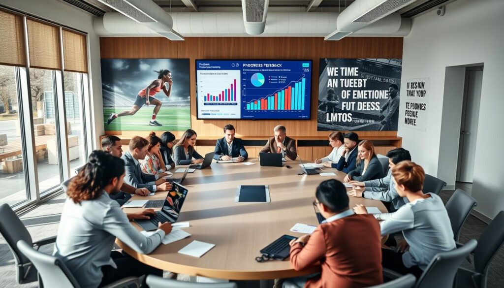 A modern conference room with a large oval table at the center, surrounded by diverse professionals in business attire engaged in a strategic progress tracking feedback meeting. The foreground features a diverse group of individuals, focused on laptops and notepads, exchanging ideas seriously yet enthusiastically. The middle ground includes a large digital screen displaying colorful graphs and data points, illustrating progress metrics. The background showcases a wall of inspirational athletic images and motivational quotes. Natural light streams through floor-to-ceiling windows, creating an inviting and collaborative atmosphere. The camera angle is slightly elevated, capturing both the participants and the dynamic content of the meeting. The mood is professional yet positive, emphasizing teamwork and growth. A modern conference room with a large oval table at the center, surrounded by diverse professionals in business attire engaged in a strategic progress tracking feedback meeting. The foreground features a diverse group of individuals, focused on laptops and notepads, exchanging ideas seriously yet enthusiastically. The middle ground includes a large digital screen displaying colorful graphs and data points, illustrating progress metrics. The background showcases a wall of inspirational athletic images and motivational quotes. Natural light streams through floor-to-ceiling windows, creating an inviting and collaborative atmosphere. The camera angle is slightly elevated, capturing both the participants and the dynamic content of the meeting. The mood is professional yet positive, emphasizing teamwork and growth.