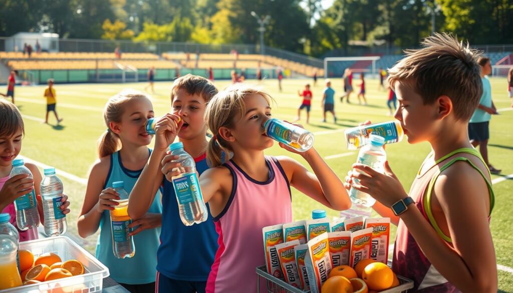 A vibrant and dynamic scene focused on youth athletes hydrating during a sports tournament. In the foreground, a group of young athletes, dressed in colorful sports gear, enthusiastically drink from clear water bottles branded with electrolyte supplements. The middle ground features a hydration station, stocked with brightly colored electrolyte drink packets and fruits like oranges and bananas. In the background, a sunlit sports field is buzzing with excitement, with young players practicing drills and coaches offering encouragement. The lighting is warm and inviting, casting soft shadows that enhance the energy of the scene. The atmosphere is lively and supportive, embodying teamwork and the importance of hydration for young champions. A vibrant and dynamic scene focused on youth athletes hydrating during a sports tournament. In the foreground, a group of young athletes, dressed in colorful sports gear, enthusiastically drink from clear water bottles branded with electrolyte supplements. The middle ground features a hydration station, stocked with brightly colored electrolyte drink packets and fruits like oranges and bananas. In the background, a sunlit sports field is buzzing with excitement, with young players practicing drills and coaches offering encouragement. The lighting is warm and inviting, casting soft shadows that enhance the energy of the scene. The atmosphere is lively and supportive, embodying teamwork and the importance of hydration for young champions.