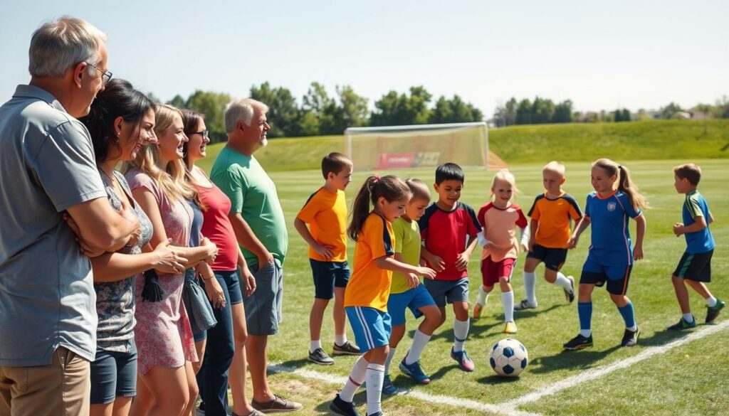 A vibrant scene of a youth soccer game taking place on a sunny afternoon, showcasing a diverse group of excited parents on the sidelines. In the foreground, several parents are engaged in supportive sideline communication, wearing casual but modest clothing, with distinct expressions of encouragement and focus. In the middle ground, young players in colorful jerseys dribble the ball and interact with each other on the field, demonstrating teamwork and enthusiasm. The background features a well-maintained soccer field with goalposts and a clear blue sky. The lighting is bright and cheerful, evoking a sense of community and positive energy. Capture this moment from a slightly elevated angle to enhance the dynamics of interaction between the players and their supportive parents. A vibrant scene of a youth soccer game taking place on a sunny afternoon, showcasing a diverse group of excited parents on the sidelines. In the foreground, several parents are engaged in supportive sideline communication, wearing casual but modest clothing, with distinct expressions of encouragement and focus. In the middle ground, young players in colorful jerseys dribble the ball and interact with each other on the field, demonstrating teamwork and enthusiasm. The background features a well-maintained soccer field with goalposts and a clear blue sky. The lighting is bright and cheerful, evoking a sense of community and positive energy. Capture this moment from a slightly elevated angle to enhance the dynamics of interaction between the players and their supportive parents.