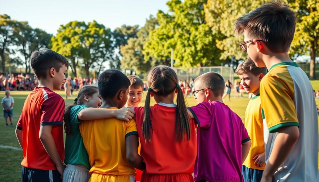 A vibrant youth sports scene illustrating two balanced teams of young athletes, focused on cooperation and unity. In the foreground, a diverse group of five players in colorful jerseys engages in a strategic huddle, showcasing determination and teamwork. The middle ground reveals a lively sports field with a cheering audience of families and friends, indicating a supportive community atmosphere. In the background, lush green trees and a clear blue sky provide an uplifting backdrop. The lighting is warm and inviting, mimicking late afternoon sun, enhancing the joyous mood. The angle captures the huddle from a slightly elevated perspective, emphasizing the interconnectedness of the players, embodying the theme of spreading the spotlight in sports. A vibrant youth sports scene illustrating two balanced teams of young athletes, focused on cooperation and unity. In the foreground, a diverse group of five players in colorful jerseys engages in a strategic huddle, showcasing determination and teamwork. The middle ground reveals a lively sports field with a cheering audience of families and friends, indicating a supportive community atmosphere. In the background, lush green trees and a clear blue sky provide an uplifting backdrop. The lighting is warm and inviting, mimicking late afternoon sun, enhancing the joyous mood. The angle captures the huddle from a slightly elevated perspective, emphasizing the interconnectedness of the players, embodying the theme of spreading the spotlight in sports.
