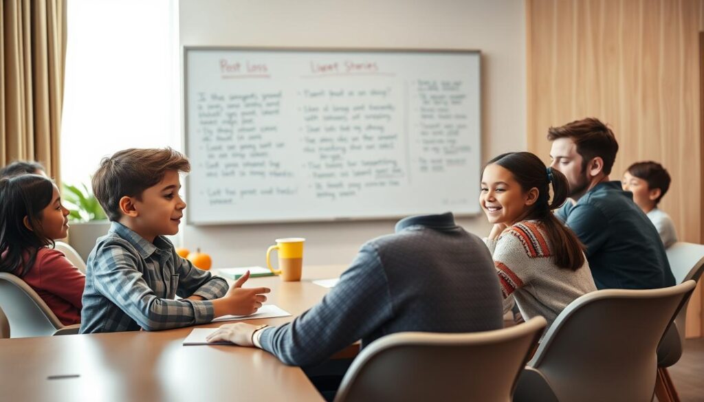 A warm and inviting conference room setting, with a diverse group of children aged 10-14 seated around a neatly arranged table. They are engaged in a post-loss meeting, expressing understanding and support for one another. In the foreground, a young boy in a smart casual shirt is sharing his thoughts, while a girl in a colorful sweater listens attentively, offering a reassuring smile. The middle ground features a large whiteboard filled with uplifting notes and strategies for resilience. The background showcases a window with soft natural light pouring in, illuminating the scene and creating a positive atmosphere. The mood is one of camaraderie and encouragement, captured with a soft focus lens, emphasizing the emotions of growth and support. The angle should be slightly elevated to include all participants, highlighting their expressions of determination and hope. A warm and inviting conference room setting, with a diverse group of children aged 10-14 seated around a neatly arranged table. They are engaged in a post-loss meeting, expressing understanding and support for one another. In the foreground, a young boy in a smart casual shirt is sharing his thoughts, while a girl in a colorful sweater listens attentively, offering a reassuring smile. The middle ground features a large whiteboard filled with uplifting notes and strategies for resilience. The background showcases a window with soft natural light pouring in, illuminating the scene and creating a positive atmosphere. The mood is one of camaraderie and encouragement, captured with a soft focus lens, emphasizing the emotions of growth and support. The angle should be slightly elevated to include all participants, highlighting their expressions of determination and hope.