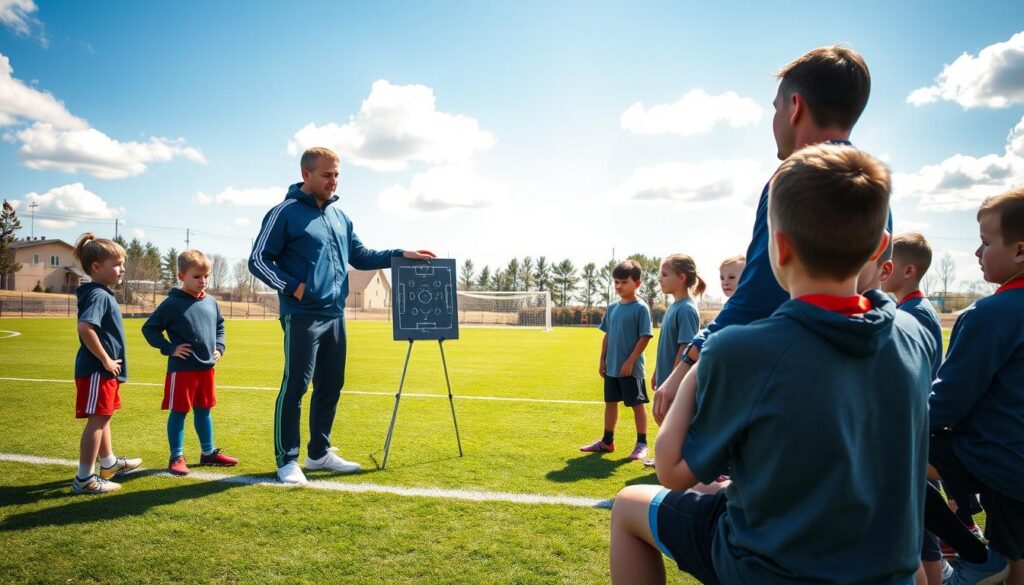 A youth soccer coach, dressed in a professional tracksuit, is demonstrating tactical plays to a group of eager young players on a well-maintained soccer field. The foreground shows the coach animatedly pointing to a chalkboard with a simple formation sketch while the attentive youth, wearing modest athletic gear, gather around, listening intently. In the middle ground, the green grass of the field contrasts with the bright blue sky dotted with fluffy clouds, evoking a sense of inspiration and teamwork. In the background, faint outlines of goalposts and trees give context to the environment. The scene is illuminated by natural sunlight, casting soft shadows that enhance the mood of learning and development. The composition captures an age-appropriate approach to teaching tactical skills in a supportive atmosphere.