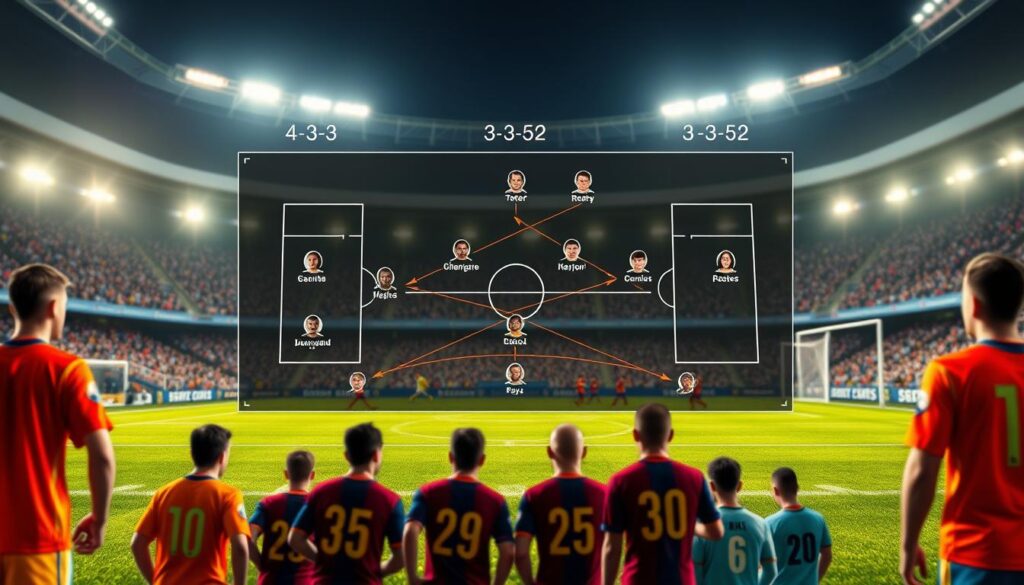 A detailed roles board for a soccer team’s defensive formation during a match, showcasing the transition from a 4-3-3 to a 3-5-2 setup. In the foreground, illustrated player icons represent various positions on the field, dressed in vibrant sports jerseys. The middle ground features a tactical board with arrows and lines indicating player movements and formations. The background displays a dynamic soccer field scene under bright stadium lights, capturing the energy of a live game. The overall atmosphere is strategic and focused, reflecting teamwork and coordination, while a slight depth of field blurs the distant fans, emphasizing the roles board as the main subject. A detailed roles board for a soccer team’s defensive formation during a match, showcasing the transition from a 4-3-3 to a 3-5-2 setup. In the foreground, illustrated player icons represent various positions on the field, dressed in vibrant sports jerseys. The middle ground features a tactical board with arrows and lines indicating player movements and formations. The background displays a dynamic soccer field scene under bright stadium lights, capturing the energy of a live game. The overall atmosphere is strategic and focused, reflecting teamwork and coordination, while a slight depth of field blurs the distant fans, emphasizing the roles board as the main subject.
