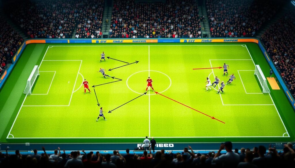 A detailed soccer tactics diagram illustrating overload tactics, focusing on a 3v2 formation in a wide area and box flood strategy. The foreground features a vibrant green pitch segmented into zones, highlighting player positions with arrows and lines in contrasting colors, indicating movement and passing options. The middle layer showcases two groups of players: three attacking players in distinct jerseys on one side and two defending players in another, all depicted in action poses. The background consists of a blurred stadium filled with cheering fans, creating an energetic atmosphere. The lighting is bright and focused on the field, emphasizing clarity in the tactical details. The overall mood conveys strategic intensity and teamwork, perfect for analyzing soccer dynamics in a competitive setting. No text elements or logos present. A detailed soccer tactics diagram illustrating overload tactics, focusing on a 3v2 formation in a wide area and box flood strategy. The foreground features a vibrant green pitch segmented into zones, highlighting player positions with arrows and lines in contrasting colors, indicating movement and passing options. The middle layer showcases two groups of players: three attacking players in distinct jerseys on one side and two defending players in another, all depicted in action poses. The background consists of a blurred stadium filled with cheering fans, creating an energetic atmosphere. The lighting is bright and focused on the field, emphasizing clarity in the tactical details. The overall mood conveys strategic intensity and teamwork, perfect for analyzing soccer dynamics in a competitive setting. No text elements or logos present.