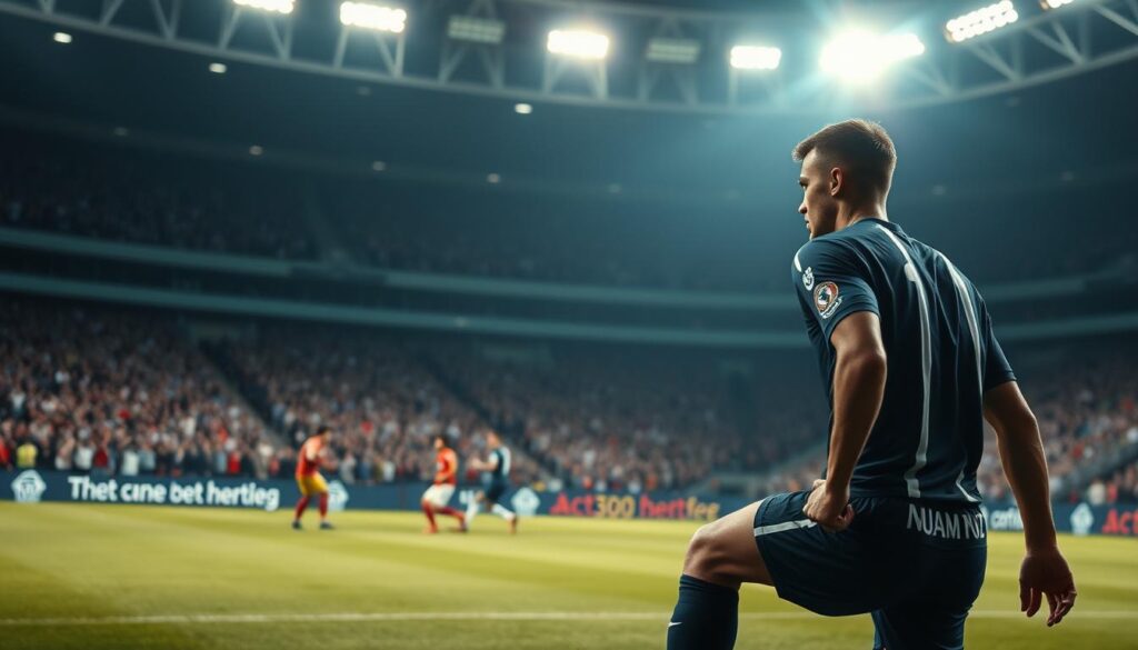 A dynamic soccer field scene showcasing "risk-on tactics rest defense positioning." In the foreground, an intense player in professional soccer attire, focused and poised, positions himself strategically, ready for a quick attack. In the middle, a cluster of players engage in a coordinated formation, emphasizing their tactical alignment and readiness for direct play. The background features a blurred crowd, with vibrant stadium lights casting a bright, energetic glow over the field, enhancing the atmosphere of competition and urgency. The angle is slightly elevated, providing a clear view of the positioning and formations on the field, capturing the essence of strategic aggression in soccer. The overall mood is intense and electrifying, symbolizing determination and focus. A dynamic soccer field scene showcasing "risk-on tactics rest defense positioning." In the foreground, an intense player in professional soccer attire, focused and poised, positions himself strategically, ready for a quick attack. In the middle, a cluster of players engage in a coordinated formation, emphasizing their tactical alignment and readiness for direct play. The background features a blurred crowd, with vibrant stadium lights casting a bright, energetic glow over the field, enhancing the atmosphere of competition and urgency. The angle is slightly elevated, providing a clear view of the positioning and formations on the field, capturing the essence of strategic aggression in soccer. The overall mood is intense and electrifying, symbolizing determination and focus.