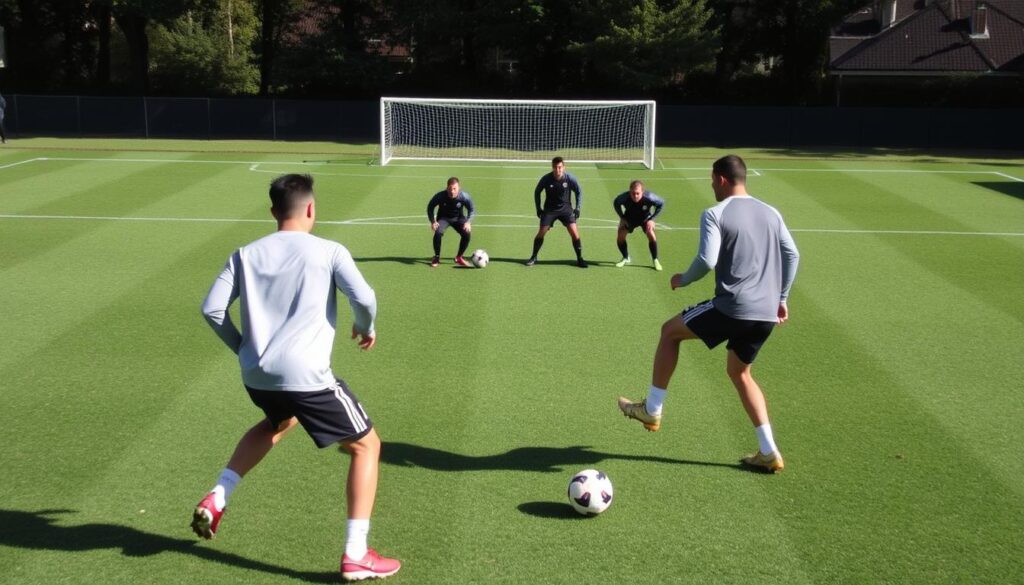 A dynamic soccer training session focusing on a defensive conversion drill, illustrating the transition from a 4-3-3 to a 3-5-2 formation. In the foreground, two players in modest athletic wear demonstrate a fullback-to-stopper conversion, showcasing precise positioning and tactical awareness. In the middle ground, additional players simulate a winger-to-wing-back transition, with clear communication and teamwork evident in their body language. The background features a well-maintained soccer field under bright daylight, casting natural shadows. The scene is captured from a low angle to emphasize the intensity and focus of the training. The mood is energetic and disciplined, highlighting the strategic complexity of football formations. A dynamic soccer training session focusing on a defensive conversion drill, illustrating the transition from a 4-3-3 to a 3-5-2 formation. In the foreground, two players in modest athletic wear demonstrate a fullback-to-stopper conversion, showcasing precise positioning and tactical awareness. In the middle ground, additional players simulate a winger-to-wing-back transition, with clear communication and teamwork evident in their body language. The background features a well-maintained soccer field under bright daylight, casting natural shadows. The scene is captured from a low angle to emphasize the intensity and focus of the training. The mood is energetic and disciplined, highlighting the strategic complexity of football formations.