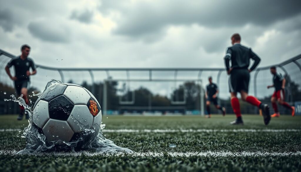 A dynamic soccer pitch drenched in rain, showcasing a detailed tactical diagram of formations and ball movement strategies. In the foreground, a gleaming soccer ball splashes through water, emphasizing the influence of the wet surface on ball speed. The middle ground features a well-defined tactical board with chalk markings illustrating pressing strategies under challenging conditions. Light grey clouds loom above, casting a soft, diffused light that highlights the water droplets on the pitch, creating a moody, dramatic atmosphere. In the background, blurred outlines of players in professional sportswear are captured mid-action, showcasing intense concentration as they adapt to the weather. The angle is slightly elevated, providing a comprehensive view of the scene, emphasizing the interplay between tactics and the challenging turf conditions. A dynamic soccer pitch drenched in rain, showcasing a detailed tactical diagram of formations and ball movement strategies. In the foreground, a gleaming soccer ball splashes through water, emphasizing the influence of the wet surface on ball speed. The middle ground features a well-defined tactical board with chalk markings illustrating pressing strategies under challenging conditions. Light grey clouds loom above, casting a soft, diffused light that highlights the water droplets on the pitch, creating a moody, dramatic atmosphere. In the background, blurred outlines of players in professional sportswear are captured mid-action, showcasing intense concentration as they adapt to the weather. The angle is slightly elevated, providing a comprehensive view of the scene, emphasizing the interplay between tactics and the challenging turf conditions.