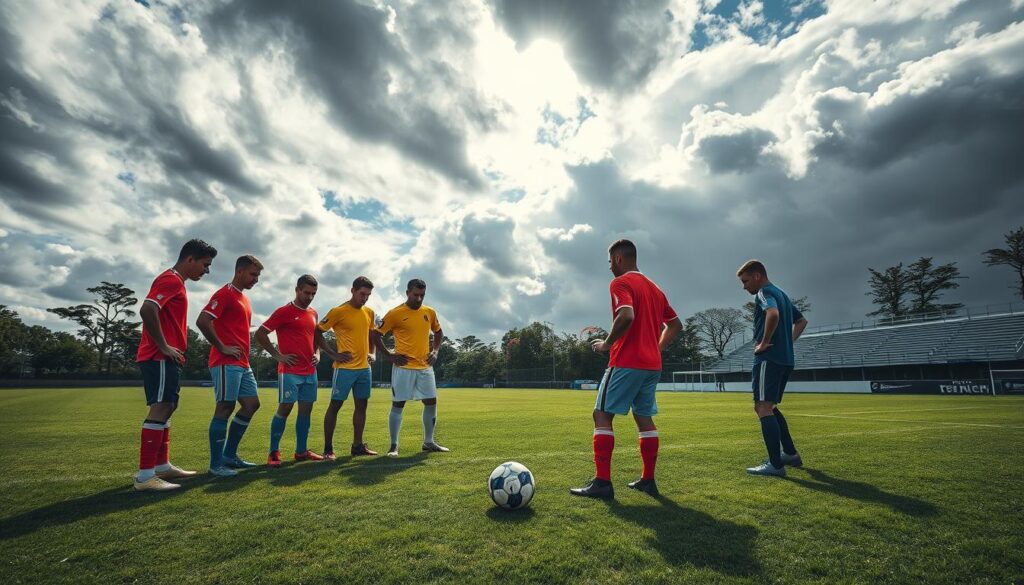 A dynamic soccer scene set on a grassy pitch under a dramatic sky filled with swirling clouds, capturing the intensity of high winds. In the foreground, a group of professional soccer players in bright jerseys are engaged in a strategic huddle, analyzing a play that emphasizes both long and short passes. In the middle ground, a soccer ball is positioned near a corner flag, symbolizing set-piece strategies while the wind gusts around. The background showcases waving trees and distant bleachers, adding to the atmospheric tension of the windy day. The scene is illuminated with natural sunlight breaking through clouds, creating a vibrant contrast. The players are depicted in focused positions, emphasizing teamwork and strategy in their expressions and body language. Overall, the mood is intense and strategic, highlighting the challenges of playing soccer in windy conditions. A dynamic soccer scene set on a grassy pitch under a dramatic sky filled with swirling clouds, capturing the intensity of high winds. In the foreground, a group of professional soccer players in bright jerseys are engaged in a strategic huddle, analyzing a play that emphasizes both long and short passes. In the middle ground, a soccer ball is positioned near a corner flag, symbolizing set-piece strategies while the wind gusts around. The background showcases waving trees and distant bleachers, adding to the atmospheric tension of the windy day. The scene is illuminated with natural sunlight breaking through clouds, creating a vibrant contrast. The players are depicted in focused positions, emphasizing teamwork and strategy in their expressions and body language. Overall, the mood is intense and strategic, highlighting the challenges of playing soccer in windy conditions.