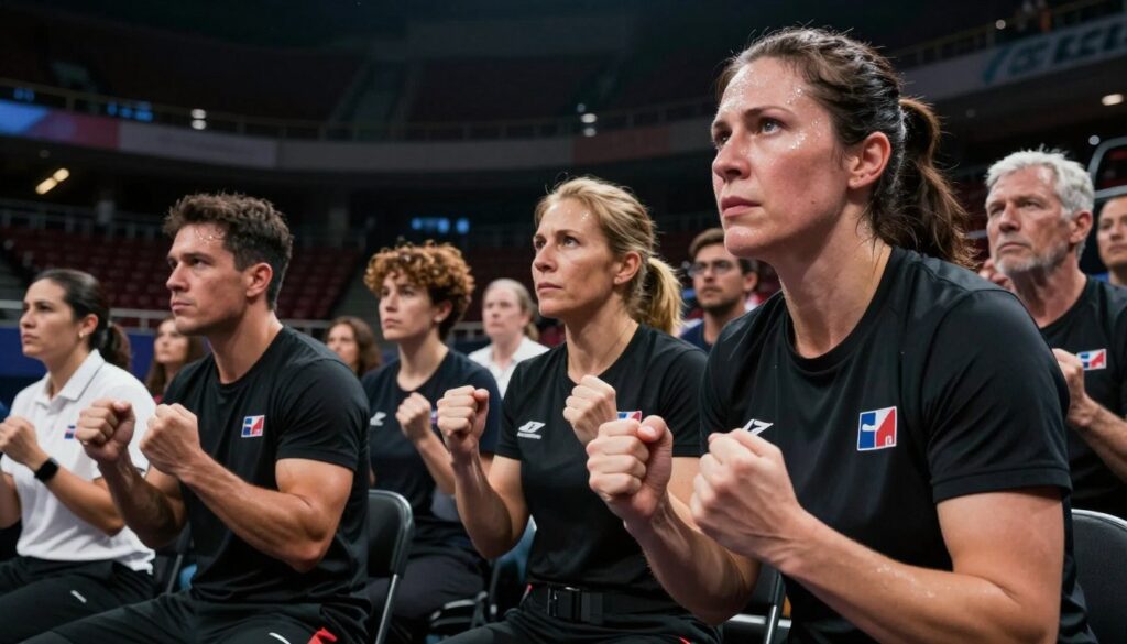 A climactic scene depicting a high-stakes tournament comeback, showcasing a diverse group of determined athletes in professional sports attire, exuding mental toughness and perseverance. The foreground features a tense moment where one athlete, a middle-aged woman, clenches her fists with focused intensity, while in the background, a few spectators rise from their seats, embodying a mix of hope and anticipation. The middle ground portrays a dimly lit stadium, enhancing the drama of the moment, with dynamic lighting highlighting the athletes’ expressions and sweat glistening on their brows. Use a low-angle shot to emphasize the scale of their determination against the towering stands. The atmosphere is electric, filled with suspense, inspiring resilience, and the spirit of never giving up despite overwhelming odds. A climactic scene depicting a high-stakes tournament comeback, showcasing a diverse group of determined athletes in professional sports attire, exuding mental toughness and perseverance. The foreground features a tense moment where one athlete, a middle-aged woman, clenches her fists with focused intensity, while in the background, a few spectators rise from their seats, embodying a mix of hope and anticipation. The middle ground portrays a dimly lit stadium, enhancing the drama of the moment, with dynamic lighting highlighting the athletes’ expressions and sweat glistening on their brows. Use a low-angle shot to emphasize the scale of their determination against the towering stands. The atmosphere is electric, filled with suspense, inspiring resilience, and the spirit of never giving up despite overwhelming odds.
