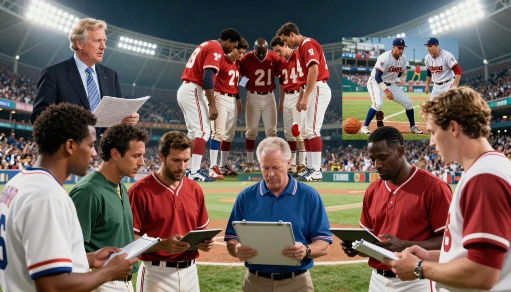 A collage of historical sports strategies in action, showcasing a variety of sports like football, basketball, and baseball. In the foreground, a diverse group of athletes in professional sports attire are intensely engaged in strategy discussions, using whiteboards and tablets. The middle ground features iconic moments from the past, like a legendary football coach with a playbook, a basketball team huddled in a strategical timeout, and a baseball team studying game footage. The background shows a vibrant stadium filled with cheering fans, illuminated by dynamic stadium lights creating a lively atmosphere. The image is captured with a shallow depth of field to focus on the athletes, utilizing bright and inspirational lighting that conveys energy and determination. The mood is one of reflection and innovation, merging history with the present.