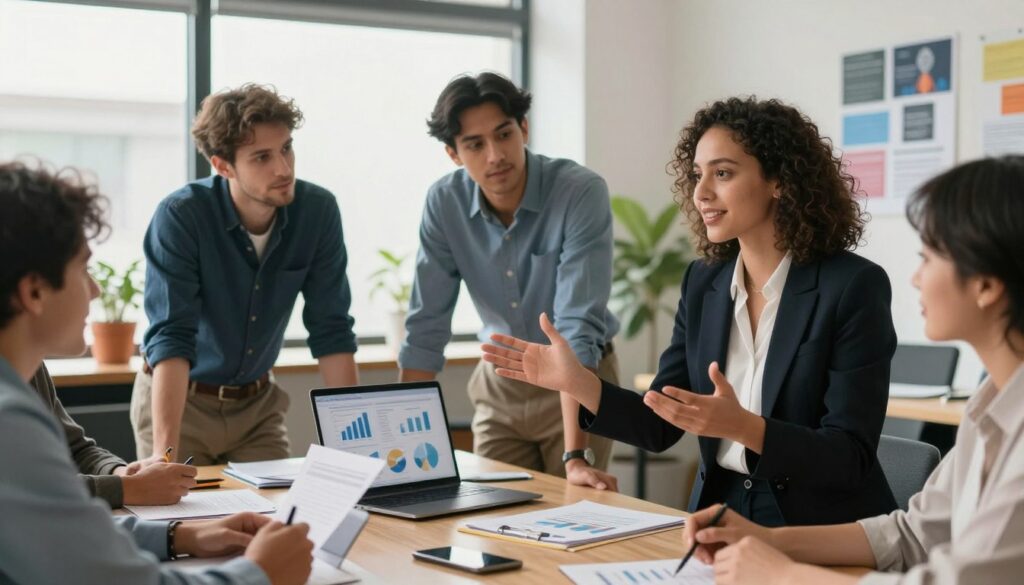 A diverse group of five professionals engaged in a dynamic brainstorming session in a modern office setting. In the foreground, a confident woman in a business suit enthusiastically gestures while sharing ideas, surrounded by attentive colleagues nodding in agreement. In the middle ground, a man in smart casual attire leans forward, actively contributing, as a laptop displaying graphs and charts highlights their focus on effective communication. The background features a bright, airy office with large windows letting in natural light, potted plants for a touch of greenery, and motivational posters on the walls. The atmosphere is collaborative and energetic, emphasizing teamwork and positivity. The composition should have a slight depth of field to focus on the group while softening the background, using warm lighting to enhance the uplifting mood. A diverse group of five professionals engaged in a dynamic brainstorming session in a modern office setting. In the foreground, a confident woman in a business suit enthusiastically gestures while sharing ideas, surrounded by attentive colleagues nodding in agreement. In the middle ground, a man in smart casual attire leans forward, actively contributing, as a laptop displaying graphs and charts highlights their focus on effective communication. The background features a bright, airy office with large windows letting in natural light, potted plants for a touch of greenery, and motivational posters on the walls. The atmosphere is collaborative and energetic, emphasizing teamwork and positivity. The composition should have a slight depth of field to focus on the group while softening the background, using warm lighting to enhance the uplifting mood.