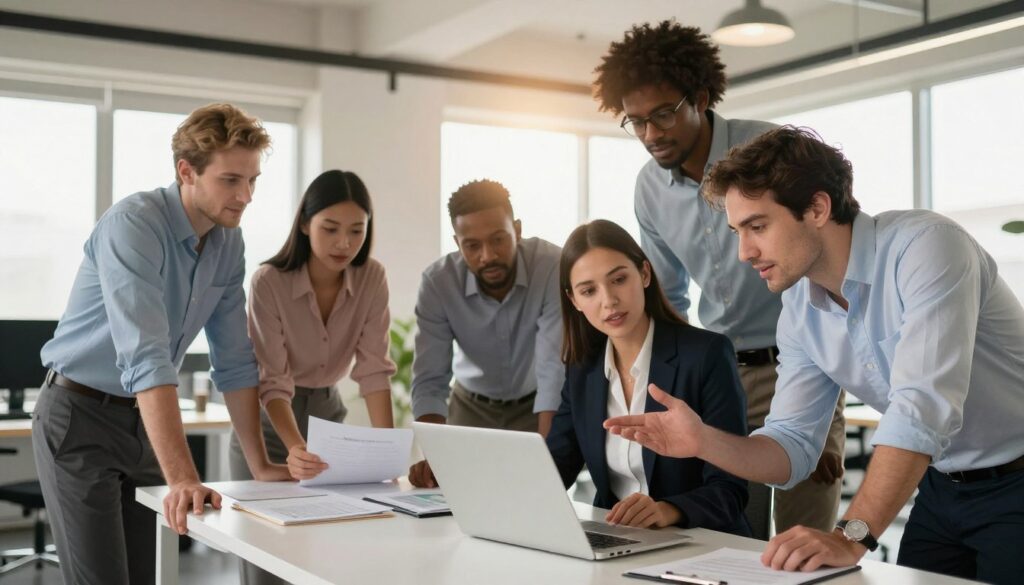 A diverse group of six professionals engaged in dynamic team communication within a modern office setting. In the foreground, a woman in a smart blazer and a man in a dress shirt are animatedly discussing ideas over a laptop, their expressions focused and collaborative. In the middle ground, two colleagues of different ethnicities are reviewing documents on a table, showcasing teamwork and problem-solving. The background features a bright, open workspace with large windows allowing natural light to flood the room, enhancing the atmosphere of creativity and productivity. The lighting is warm and inviting, creating a positive mood. The angle captures the interaction from a slightly elevated perspective, emphasizing the collaborative environment free from distractions, symbolizing common communication mistakes and their effective fixes.