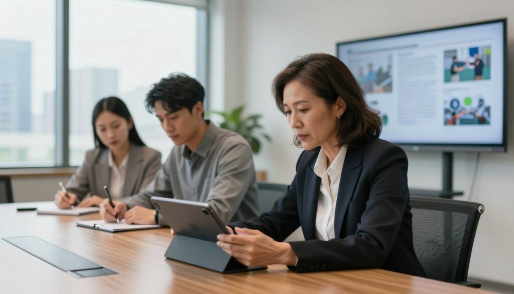 A diverse group of three professionals engaged in a constructive post-game debrief, seated around a sleek wooden table in a well-lit modern conference room. The foreground shows a middle-aged woman in smart business attire, presenting key findings on a digital tablet, her expression focused yet approachable. To the side, a young man in casual but professional clothing jots down notes, while a woman of Asian descent thoughtfully analyzes visual aids displayed on a wall-mounted screen. The background features a large window revealing a city skyline, with soft natural light filtering in, creating a motivating atmosphere. The overall mood is collaborative and reflective, emphasizing growth and learning from past experiences. A diverse group of three professionals engaged in a constructive post-game debrief, seated around a sleek wooden table in a well-lit modern conference room. The foreground shows a middle-aged woman in smart business attire, presenting key findings on a digital tablet, her expression focused yet approachable. To the side, a young man in casual but professional clothing jots down notes, while a woman of Asian descent thoughtfully analyzes visual aids displayed on a wall-mounted screen. The background features a large window revealing a city skyline, with soft natural light filtering in, creating a motivating atmosphere. The overall mood is collaborative and reflective, emphasizing growth and learning from past experiences.