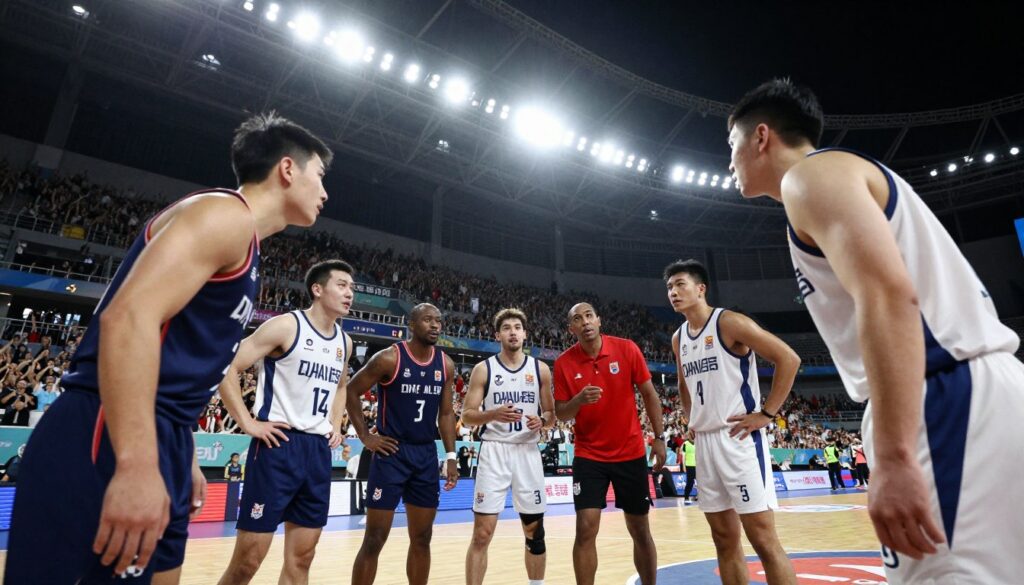 A dramatic sports scene capturing a pivotal moment in a tournament comeback. In the foreground, a diverse group of determined athletes, focused and strategically discussing tactics, are dressed in professional sports uniforms, embodying teamwork and resilience. In the middle ground, a vibrant athletic arena filled with cheering fans, with banners celebrating past victories. The background features bright stadium lights illuminating the action, creating a dynamic atmosphere. The angle is slightly low, enhancing the intensity of the scene, while capturing the excitement and emotional stakes. The mood is triumphant and inspiring, reflecting the essence of strategic shifts during critical moments in a competition. A dramatic sports scene capturing a pivotal moment in a tournament comeback. In the foreground, a diverse group of determined athletes, focused and strategically discussing tactics, are dressed in professional sports uniforms, embodying teamwork and resilience. In the middle ground, a vibrant athletic arena filled with cheering fans, with banners celebrating past victories. The background features bright stadium lights illuminating the action, creating a dynamic atmosphere. The angle is slightly low, enhancing the intensity of the scene, while capturing the excitement and emotional stakes. The mood is triumphant and inspiring, reflecting the essence of strategic shifts during critical moments in a competition.