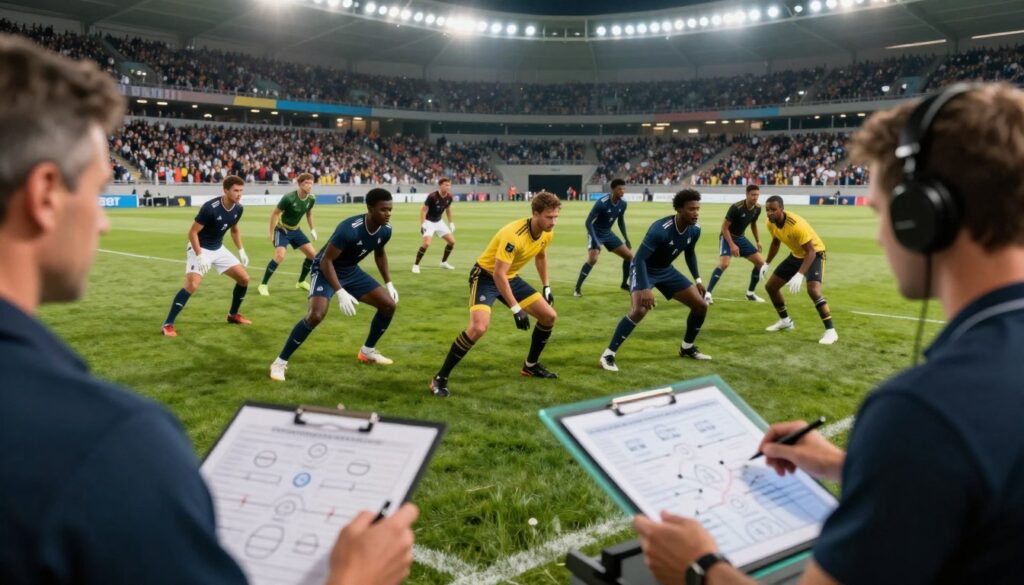 A dynamic scene depicting the evolution of tactical formations in modern sports, capturing a diverse group of athletes in professional athletic gear. In the foreground, a coach analyzes a digital playbook with strategic diagrams, showcasing innovative formations on a translucent screen. The middle ground features a group of players in action, executing various formations on a vibrant, grassy field. The athletes are of different ethnicities, emphasizing teamwork and unity. In the background, a stadium packed with fans creates an energetic atmosphere, illuminated by bright stadium lights. The scene is captured with a slight aerial angle, highlighting both the coach's perspective and the players' movements, evoking a sense of excitement and evolution. The overall mood is competitive and forward-looking, with a focus on strategy and adaptation. A dynamic scene depicting the evolution of tactical formations in modern sports, capturing a diverse group of athletes in professional athletic gear. In the foreground, a coach analyzes a digital playbook with strategic diagrams, showcasing innovative formations on a translucent screen. The middle ground features a group of players in action, executing various formations on a vibrant, grassy field. The athletes are of different ethnicities, emphasizing teamwork and unity. In the background, a stadium packed with fans creates an energetic atmosphere, illuminated by bright stadium lights. The scene is captured with a slight aerial angle, highlighting both the coach's perspective and the players' movements, evoking a sense of excitement and evolution. The overall mood is competitive and forward-looking, with a focus on strategy and adaptation.