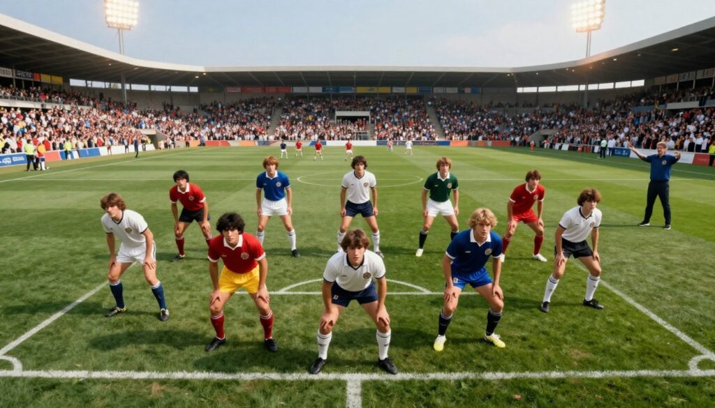 A dynamic soccer field scene showcasing classic team formations from different eras in the foreground, featuring players arranged in well-defined shapes such as the 4-4-2 and the 3-5-2, all dressed in professional sports attire. Include a coach in the background, gesturing enthusiastically to signify strategy. The middle ground captures the intense energy of a match in progress, with a vibrant crowd. The backdrop reveals a clear sky and stadium lights casting a warm glow, highlighting the players' focused expressions. Use a high-angle perspective to emphasize the formations on the field, creating a sense of tension and anticipation in the atmosphere, evoking nostalgia for classic tactics. A dynamic soccer field scene showcasing classic team formations from different eras in the foreground, featuring players arranged in well-defined shapes such as the 4-4-2 and the 3-5-2, all dressed in professional sports attire. Include a coach in the background, gesturing enthusiastically to signify strategy. The middle ground captures the intense energy of a match in progress, with a vibrant crowd. The backdrop reveals a clear sky and stadium lights casting a warm glow, highlighting the players' focused expressions. Use a high-angle perspective to emphasize the formations on the field, creating a sense of tension and anticipation in the atmosphere, evoking nostalgia for classic tactics.