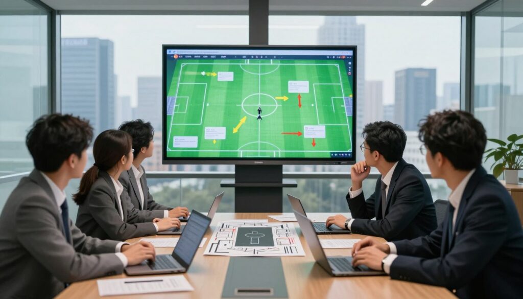 A dynamic sports strategy meeting scene set in a sleek, modern conference room with glass walls. In the foreground, a diverse group of five professionals in business attire—men and women—are engaged in intense discussion around a high-tech table with laptops and tactical charts laid out in front of them. In the middle, a large digital screen displays an intricate sports strategy diagram, with arrows and notes illustrating adjustments for modern competition. The background features a city skyline visible through the glass, bathed in soft natural light that conveys focus and innovation. The atmosphere is one of collaboration and foresight, with a slight blur effect on the edges to emphasize the central action.