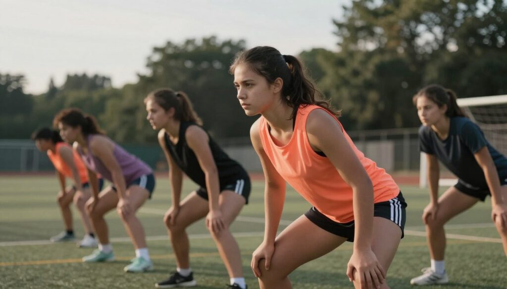 A focused athlete mid-drill on a training field, exuding determination and concentration. In the foreground, a young female athlete in a vibrant, modest sports outfit practices her mental focus, eyes fixed ahead, embodying intensity. In the middle ground, other athletes can be seen engaging in similar focus drills, showcasing teamwork and synergy, creating a sense of community. The background features muted, blurred images of trees and a sunlit sky, enhancing the serene yet intense atmosphere of the training environment. Soft, diffused natural light casts gentle shadows, illuminating the athletes' expressions. The angle captures the dynamic energy of the moment, emphasizing the theme of focus and mental strength in high-pressure situations. A focused athlete mid-drill on a training field, exuding determination and concentration. In the foreground, a young female athlete in a vibrant, modest sports outfit practices her mental focus, eyes fixed ahead, embodying intensity. In the middle ground, other athletes can be seen engaging in similar focus drills, showcasing teamwork and synergy, creating a sense of community. The background features muted, blurred images of trees and a sunlit sky, enhancing the serene yet intense atmosphere of the training environment. Soft, diffused natural light casts gentle shadows, illuminating the athletes' expressions. The angle captures the dynamic energy of the moment, emphasizing the theme of focus and mental strength in high-pressure situations.