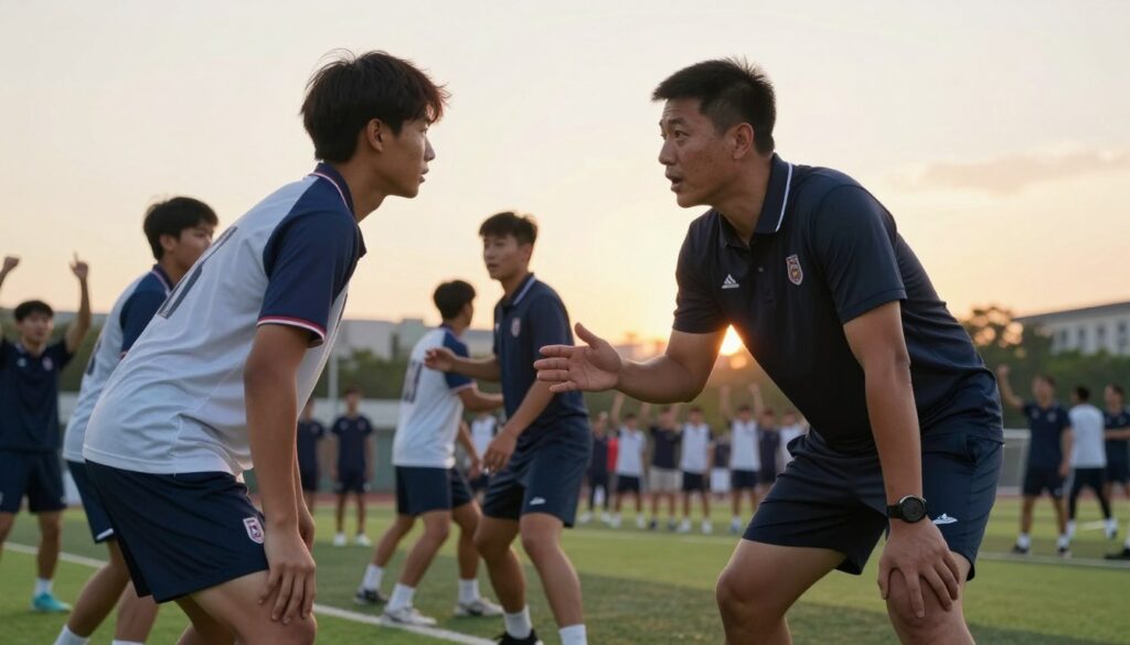 A focused player-coach interaction on a sports field, capturing a pivotal moment of in-game communication. In the foreground, a determined coach, dressed in a smart polo shirt and shorts, leans slightly forward with an earnest expression, gesturing emphatically. The player, in a matching uniform, listens intently, displaying a mix of concentration and trust. In the middle-ground, teammates engage in warm-up, illustrating camaraderie. In the background, a vibrant crowd cheers, with a setting sun casting golden light across the scene, enhancing the atmosphere of motivation and teamwork. The image should have a dynamic angle, slightly low to emphasize the importance of the discussion, while soft focus highlights the player and coach, creating an inspiring and professional mood.
