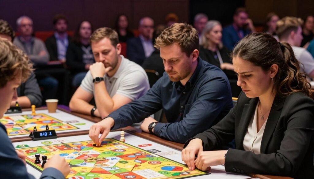 A high-stakes tournament scene showcasing a diverse group of amateur competitors intensely focused at a long table covered with various game pieces and strategy charts. In the foreground, a young woman in professional attire furrows her brow, her hands poised over the gameboard, exuding determination. In the middle ground, a team of three players, two men and one woman, wearing smart casual clothing, strategizes together, their expressions showing concentration and teamwork. In the background, a dimly lit auditorium filled with spectators, their faces illuminated by soft spotlighting, creating a tense yet exciting atmosphere. The lighting should be warm, highlighting the intensity of the moment, with a shallow depth of field focused on the players to emphasize their concentration amidst the blurred crowd. A high-stakes tournament scene showcasing a diverse group of amateur competitors intensely focused at a long table covered with various game pieces and strategy charts. In the foreground, a young woman in professional attire furrows her brow, her hands poised over the gameboard, exuding determination. In the middle ground, a team of three players, two men and one woman, wearing smart casual clothing, strategizes together, their expressions showing concentration and teamwork. In the background, a dimly lit auditorium filled with spectators, their faces illuminated by soft spotlighting, creating a tense yet exciting atmosphere. The lighting should be warm, highlighting the intensity of the moment, with a shallow depth of field focused on the players to emphasize their concentration amidst the blurred crowd.