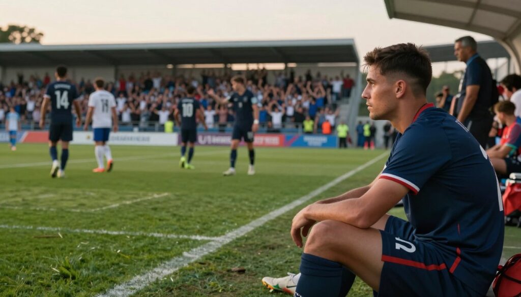 A powerful scene illustrating the concept of sports setbacks, featuring an athlete sitting on the sidelines, looking contemplative and determined. In the foreground, the athlete, dressed in a team jersey and shorts, has a focused expression, embodying resilience. In the middle ground, a vividly detailed soccer field with other players in action, portraying both victory and defeat dynamically. The background shows a cheering crowd, with an emphasis on a spectrum of emotions - exhilaration and disappointment. Soft, natural lighting enhances the mood, capturing the early evening golden hour, creating a warm yet reflective atmosphere. The camera angle is slightly tilted, symbolizing the ups and downs of competition, focusing on the athlete’s introspective moment amidst the surrounding chaos. A powerful scene illustrating the concept of sports setbacks, featuring an athlete sitting on the sidelines, looking contemplative and determined. In the foreground, the athlete, dressed in a team jersey and shorts, has a focused expression, embodying resilience. In the middle ground, a vividly detailed soccer field with other players in action, portraying both victory and defeat dynamically. The background shows a cheering crowd, with an emphasis on a spectrum of emotions - exhilaration and disappointment. Soft, natural lighting enhances the mood, capturing the early evening golden hour, creating a warm yet reflective atmosphere. The camera angle is slightly tilted, symbolizing the ups and downs of competition, focusing on the athlete’s introspective moment amidst the surrounding chaos.