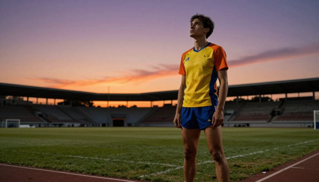 A serene and determined athlete standing on the edge of a sports field at dusk, embodying resilience after a setback. In the foreground, focus on the athlete looking upwards, wearing a professional sports uniform in bold colors, with slight dirt smudges signifying effort. The middle section details the empty stands, suggesting the echo of past cheers, while in the background, a sunset paints the sky with warm hues of orange and purple, symbolizing hope and new beginnings. Soft ambient lighting enhances the mood, creating a contrast between the athlete's strength and the quiet solitude of the field. The angle captures a low perspective, emphasizing the athlete's ambition and readiness for future challenges. A serene and determined athlete standing on the edge of a sports field at dusk, embodying resilience after a setback. In the foreground, focus on the athlete looking upwards, wearing a professional sports uniform in bold colors, with slight dirt smudges signifying effort. The middle section details the empty stands, suggesting the echo of past cheers, while in the background, a sunset paints the sky with warm hues of orange and purple, symbolizing hope and new beginnings. Soft ambient lighting enhances the mood, creating a contrast between the athlete's strength and the quiet solitude of the field. The angle captures a low perspective, emphasizing the athlete's ambition and readiness for future challenges.