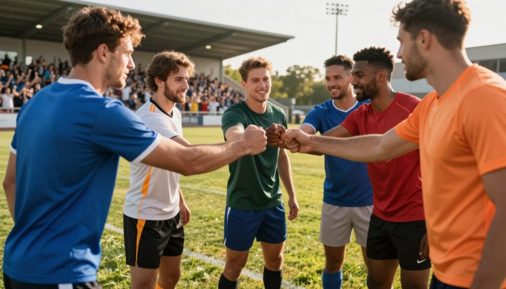 A vibrant scene focusing on the theme of "sports morale," featuring a diverse group of six athletes in professional sports attire, gathered in a huddle on a sunny outdoor field. The foreground highlights the athletes, displaying expressions of determination and camaraderie, as they exchange encouraging gestures, such as fist bumps and smiles. In the middle ground, a dynamic action shot captures their athletic gear, showcasing unity through matching colors. The background displays a blurred stadium filled with cheering fans, adding energy to the atmosphere. The lighting is warm and bright, suggesting a time just before sunset, casting long shadows and enhancing the scene's uplifting mood. The angle captures the athletes from a low perspective, emphasizing their teamwork and the importance of collective spirit in sports. A vibrant scene focusing on the theme of "sports morale," featuring a diverse group of six athletes in professional sports attire, gathered in a huddle on a sunny outdoor field. The foreground highlights the athletes, displaying expressions of determination and camaraderie, as they exchange encouraging gestures, such as fist bumps and smiles. In the middle ground, a dynamic action shot captures their athletic gear, showcasing unity through matching colors. The background displays a blurred stadium filled with cheering fans, adding energy to the atmosphere. The lighting is warm and bright, suggesting a time just before sunset, casting long shadows and enhancing the scene's uplifting mood. The angle captures the athletes from a low perspective, emphasizing their teamwork and the importance of collective spirit in sports.